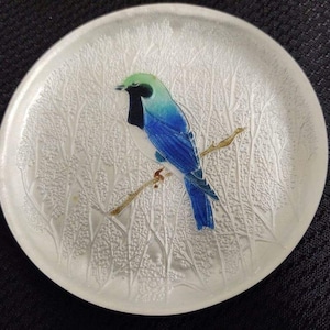 Vtg. enamel plate with bluebird on branch; silver background.