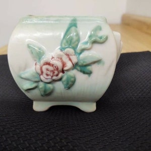 Vintage Morton pottery vase muted green to white glaze roses/leaves relief.