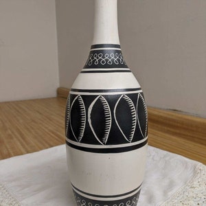 Vtg. MCM large pottery vase, black and white design. Hand made glaze.