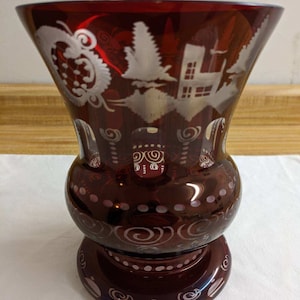 Vtg. Czech Bohemian glass; ruby red to clear etched vase.