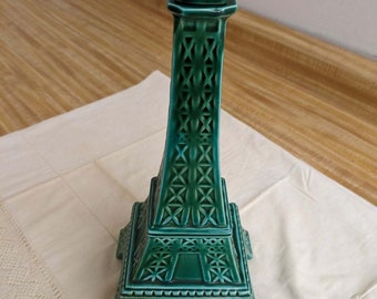 Vtg. France Royale green ceramic Eiffel Tower music box/decanter.