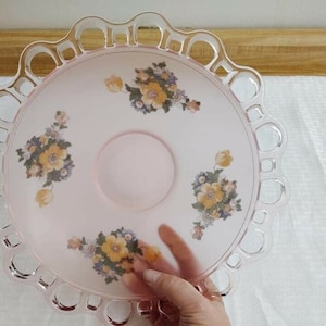 Pink lace edged satin glass large flower decaled bowl.