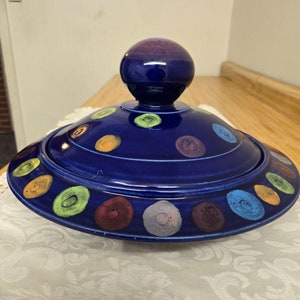 Vtg. Daniel Lasser studio art pottery galaxy blue large lidded bowl.