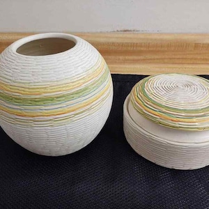 Vintage Raymor pottery set lidded candy dish and orb vase.