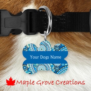 Blue Paisley Pet Tag (P3), Dog Bone Shaped, 2 Sided Aluminum, 1.5&quot; x 1&quot; x .045&quot; thick, with bale - Custom Pet Tag
