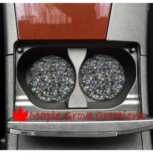 Silver Glitter Resin Car Coasters - Set of 2 - 2.5&quot; Diameter