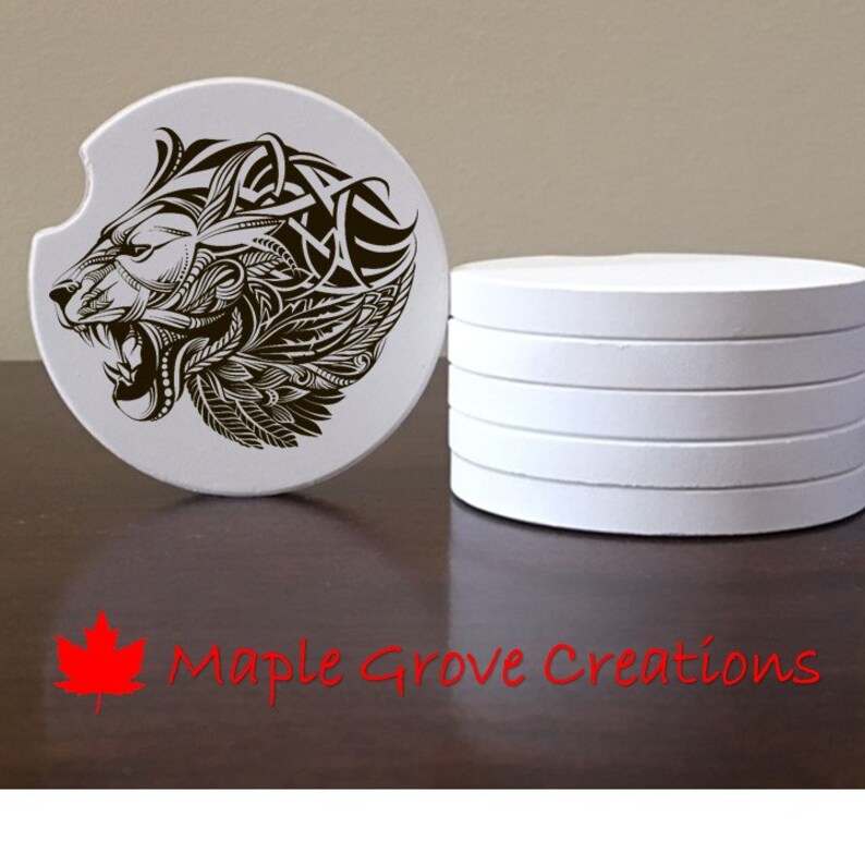 Hardboard or Rubber Custom Car Coasters Sandstone 2.56 Coasters Set of 2 Zentangle Mandala Lion Head Car Coasters