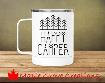 Caneca de café de aço inoxidável Happy Camper - caneca de café de aço inoxidável de 13 onças com tampa transparente