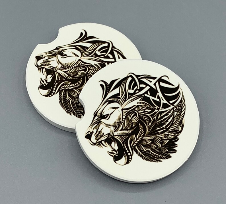 Hardboard or Rubber Custom Car Coasters Sandstone 2.56 Coasters Set of 2 Zentangle Mandala Lion Head Car Coasters