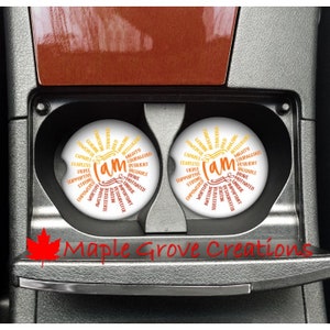 I Am Affirmations Car Coasters - Set of 2 - 2.56&quot; Coasters - Custom Car Coasters - Available in Sandstone, Hardboard or Rubber