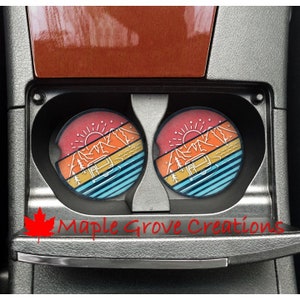 Camping Adventure Happy Camper Car Coasters - Set of 2 - 2.56&quot; Coasters - Custom Car Coasters - Available in Sandstone, Hardboard or Rubber