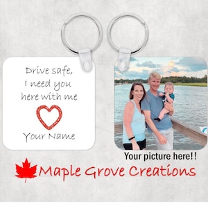 Personalized Drive Safe Keychain With Your Picture and Name - 2.25&quot; X 2.25&quot; Square - Gloss White Fiberglass Reinforced Plastic Key Tag