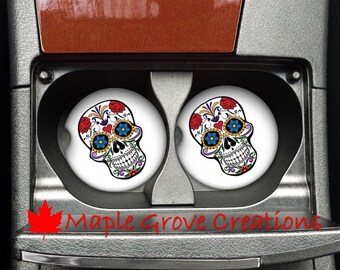 Sottobicchieri per auto con teschio Calaveras Day Of The Dead - Set da 2 - Sottobicchieri da 2,56" - Sottobicchieri per auto personalizzati - Disponibili in arenaria, pannello rigido o gomma