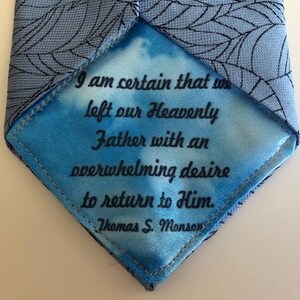 Missionary Inspirational iron on necktie patch "...Overwhelming Desire to Return to Him" Pres. Monson Quote  LDS gift Quality Satin