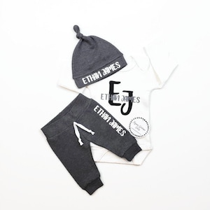 BABY BOY personalized coming home outfit. Baby shower gift set. Custom infant outfit. Dark gray Monogrammed leggings and hat.