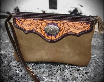 Western style handbag hand tooled floral clutch wristlet clutch