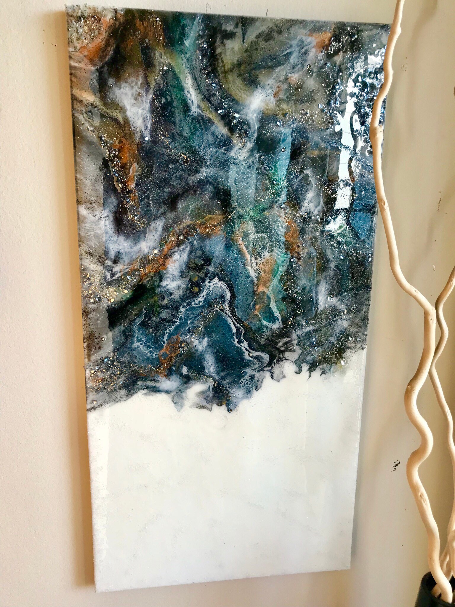 Abstract Epoxy Resin painting with Swarovski on Canvas modern art