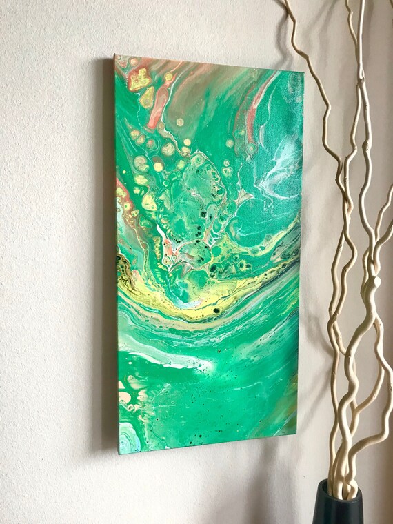 Spring, Acrylic Green Yellow and Black Abstract Painting ,Original Art 12x24 Fluid Art Wall Art