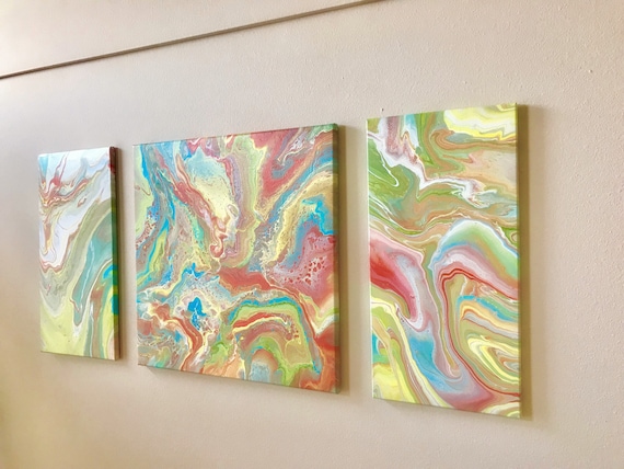 Original abstract Art for kids Large Acrylic pour Abstract painting set of 2x12x24 and 24x24 pour painting fluid painting wall decor