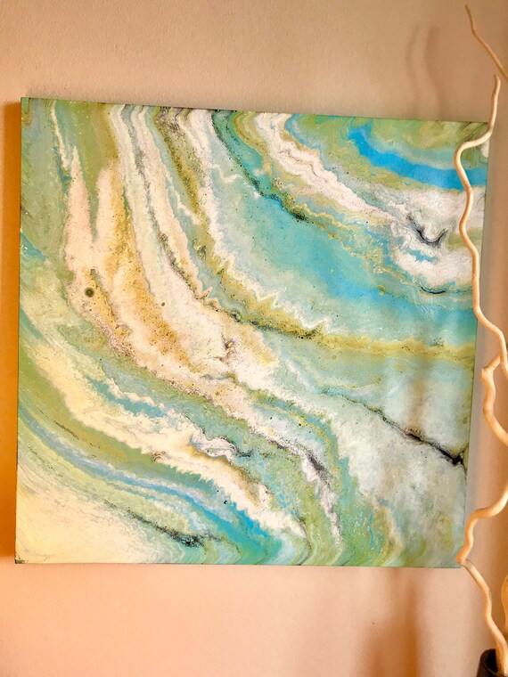 Acrylic White Gold and Blue Abstract Painting 24x24 wall decor Abstract painting Original Art pour acrylic painting