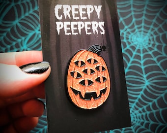 GLITTER CREEPY PEEPERS - Halloween Jack o' Lantern Emalj Kavajnål med Skräck - Kavajnål - Pumpa, Söt, Goth, Brosch, Accessoar