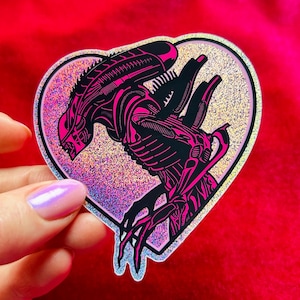 Xenomorph Love Pink Heart Holo Pixie Glitter Sticker - Alien - Giger - Sci-fi Horror Film
