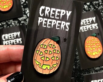 CREEPY PEEPERS - Halloween Jack o' Lantern Emaljnål med Skräck - Nål - Pumpa, Söt, Goth, Brosch, Tillbehör Allahelgonafton