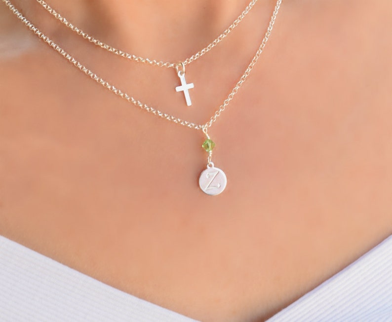 Small Cross Necklace Women Sterling Silver Multi Strand Necklace Silver Cross Necklace Birthstone Initial and Birthstone Necklace