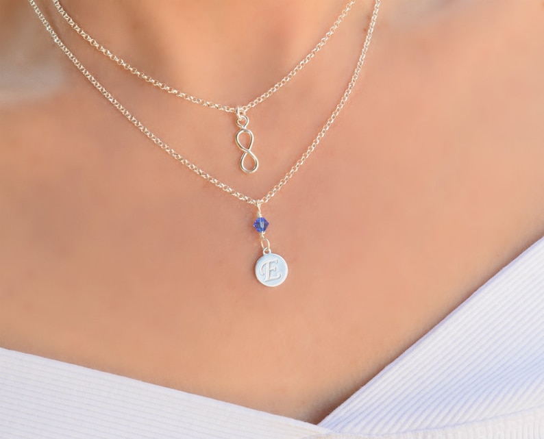 Infinity Necklace with Initial and Birthstone Sterling Silver Necklaces for Women Dainty Silver Layered Necklace Letter Z Necklace