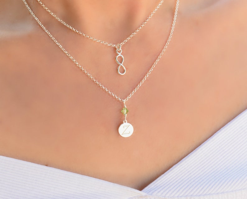 Infinity Necklace with Initial and Birthstone Sterling Silver Necklaces for Women Dainty Silver Layered Necklace Letter Z Necklace