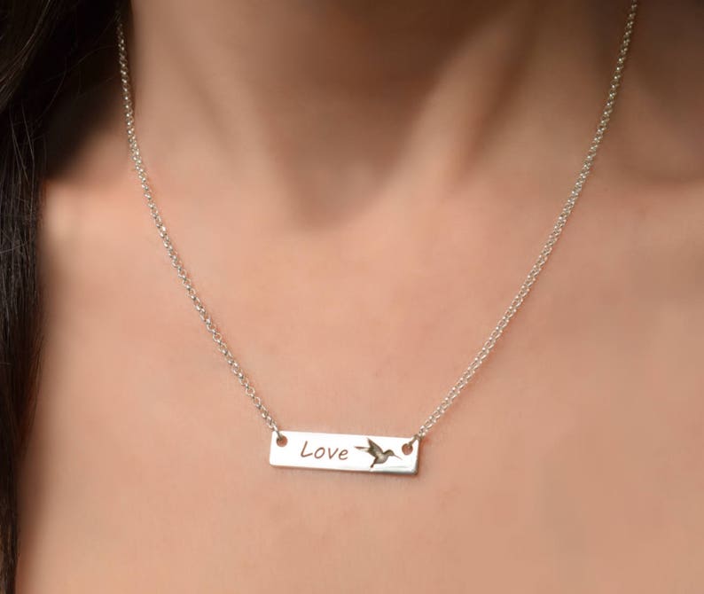 Dainty Silver Necklaces for Women Personalized Bar Necklace Sterling Silver Hummingbird Necklace Silver Bird Pendant Necklace
