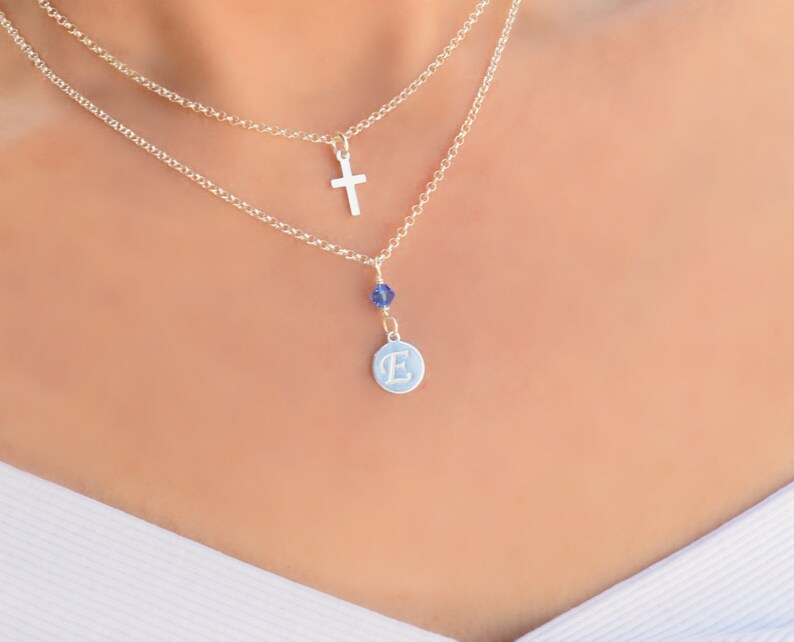 Small Cross Necklace Women Sterling Silver Multi Strand Necklace Silver Cross Necklace Birthstone Initial and Birthstone Necklace