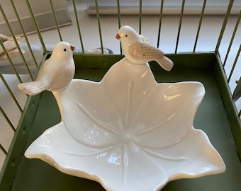Delicate Ceramic soap dish with love birds.  Neutral colors