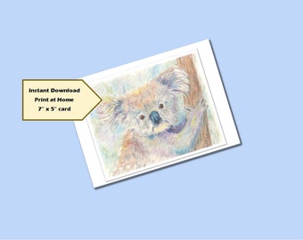 PRINTABLE CARD – Koala Card - Digital Card Download - Print at Home – Blank Card –