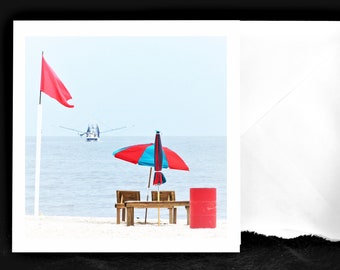 Shrimp Season Opens - Prints/Card, Biloxi, Mississippi, Beach, Shrimp Boat, Flag, Water, Fishing, Umbrella, Seaside, Gulf Coast, Ocean