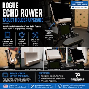 May include: A white 3D printed tablet holder upgrade for the Rogue Echo Rower. The accessory features a U-shaped design that slides into the stock phone holder to securely support tablets and large smartphones during rowing workouts.