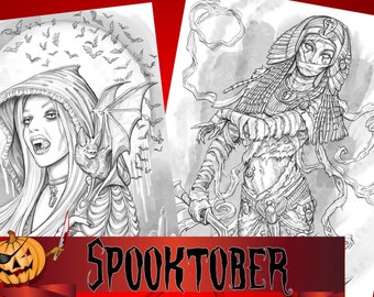 Coloring pages for adults, Spooktober Spectacular, halloween, Grayscale, Colouring for Grown Ups, Instant Download, Printable Coloring Pages