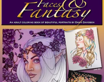 Faces and Fantasy PDF coloring book by Dawn Davidson, instant download, grayscale, fantasy, Line art, Adult coloring book, Printable