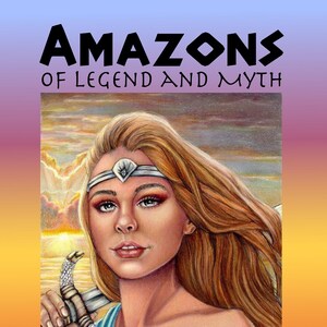 May include: A digital coloring book cover featuring a woman with long blonde hair, wearing a silver headband and holding a sword. The background is a sunset with clouds. The text "AMAZONS OF LEGEND AND MYTH" is at the top of the image. The text "A digital pdf coloring book by Matt Davidson" and "cover colored by Ria Gelmers" is at the bottom of the image.
