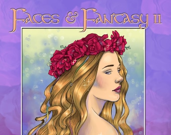 Faces and Fantasy 2, PDF coloring book by Dawn Davidson, instant download, grayscale, fantasy, Line art, Adult coloring book, Printable