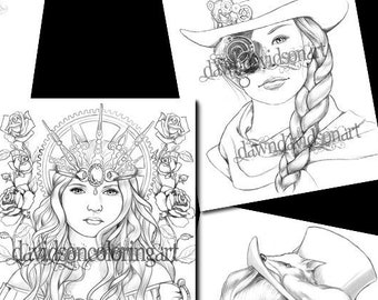 value 5-pack Steampunk Queens  Adult Coloring Pages, Grayscale, Colouring for Grown Ups, Instant Download, Printable Coloring Pages