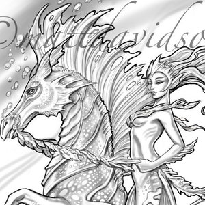 Aquilla and her steed Morceffyl, Seahorse and Mermaid Coloring pages, Adult Coloring, fantasy coloring, printable, digital download