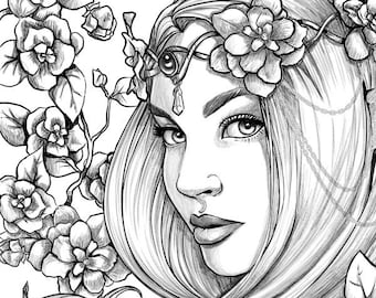 Sommersprossen die Fee, Färbung Seite, druckbare, Färbung für Erwachsene, Instant Download, Graustufen Färbung, Fantasy, Stress Relief
