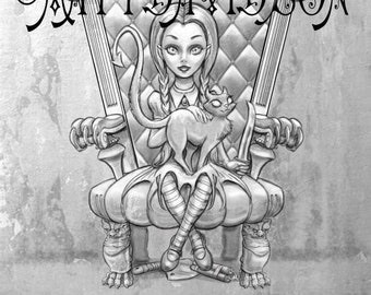 Little Goth Girl, witch, adult colouring page, victorian, halloween, gothic horror, coloring book, grayscale, black and white, inktober