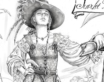 Pirate Lady, Scarlet Dawn, Erwachsene Färbung, Fantasy Färbung, printable, digitaler Download