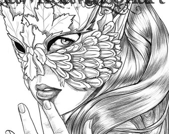 Mystery Mask, Lineart and Grayscale, Coloring Pages for adults, Printable, Instant Download, Fantasy, Stress Relief