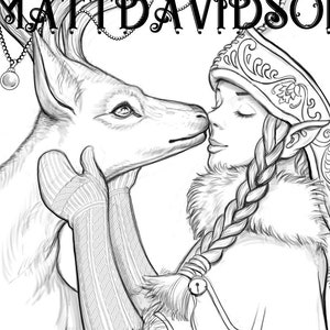 Christmas Kisses, Fantasy Coloring for Adults, Reindeer, Elves, Winter Coloring Page, Christmas Coloring Page