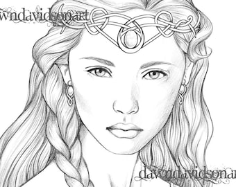 Angharad, Coloring Page, Printable, Colouring for adults, Instant Download, Grayscale coloring, Fantasy, Stress Relief