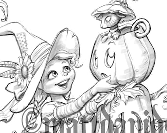 Coloring pages for adults, stacking jack-o-lanterns, little witch,  halloween, Grayscale, Instant Download, Printable Coloring Pages