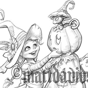 Coloring pages for adults, stacking jack-o-lanterns, little witch,  halloween, Grayscale, Instant Download, Printable Coloring Pages